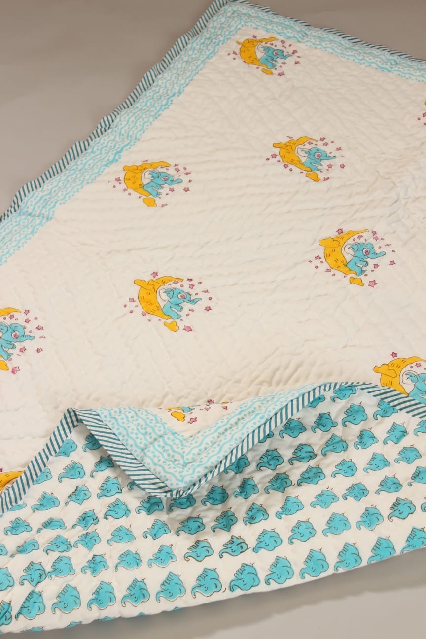🌙 Moonlit Elephant Dreams Reversible Baby Quilt | Mul Cotton | 0-4 years