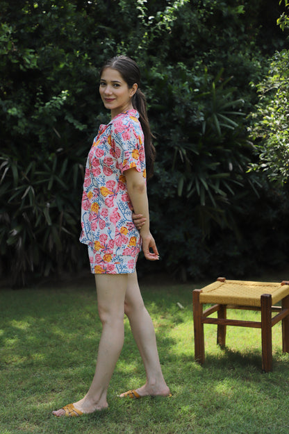 Petals Hand Block Printed Cotton Comfy  Night Suit Short Set